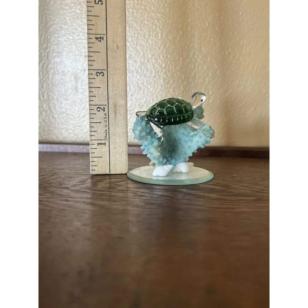 Miniature Glass Sea Turtle Figurine on Coral Coastal Nautical Collectible